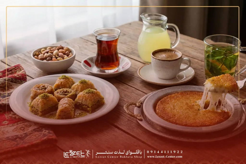 انواع نوشیدنی کنار باقلوا و کونفه
